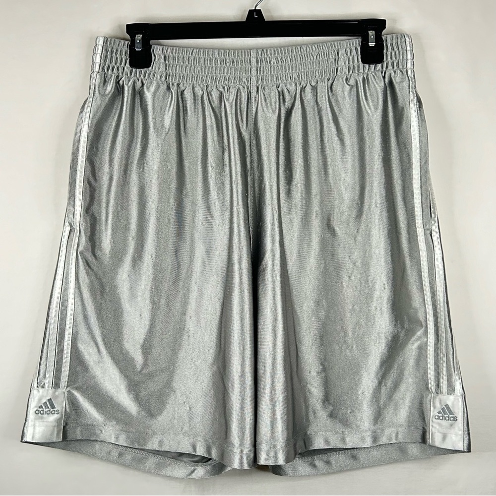 Vintage Adidas Shiny Satin Basketball Shorts Mens Size XL Silver 3 Stripes Baggy